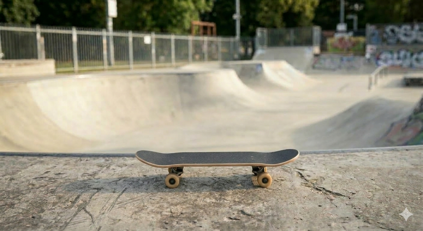 Skateboard in einem Skatepark bei gutem Wetter.