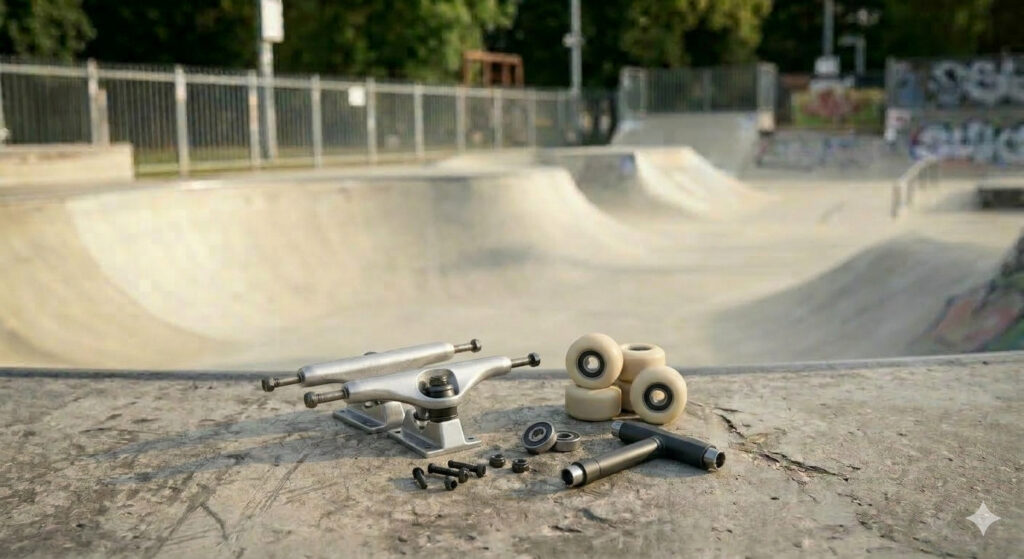 Verschiedenes Skate-Zubehör wie Räder, Schrauben, Gestell auf einer Rampe im Skatepark bei gutem Wetter.