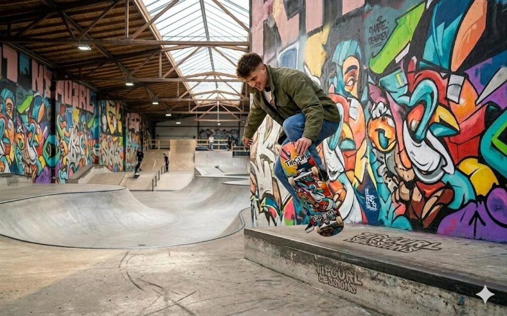 Skateboarder in einer Graffiti-Skatehalle während des Tip Curl Sessions Skate-Event in Hamburg