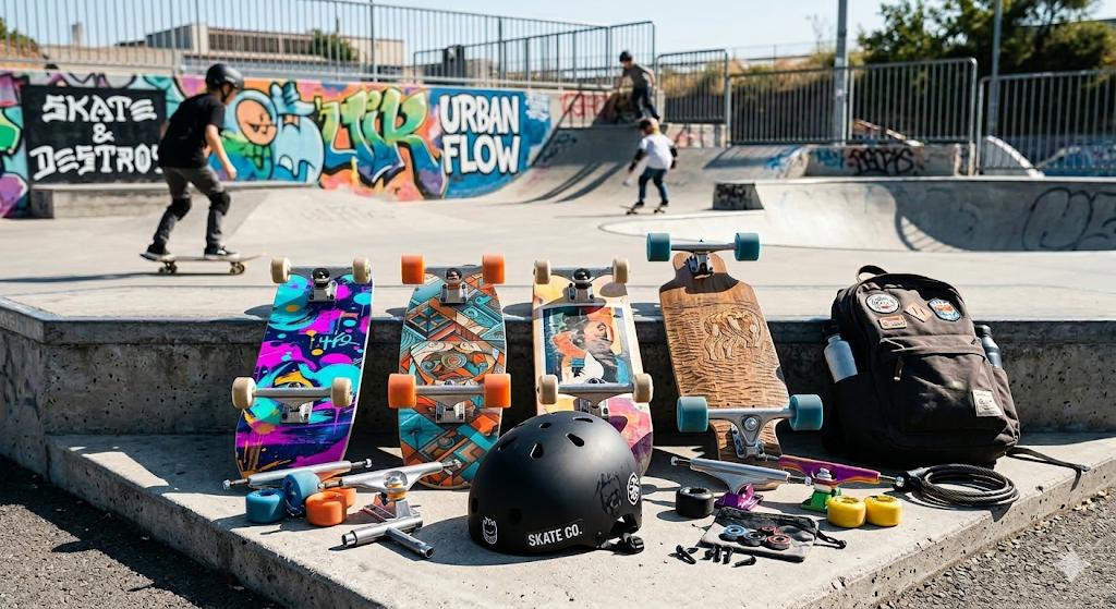 Verschiedene Skateboards, Helm und Zubehör zum skaten in einem sonnigen Skatepark mit Graffiti-Hintergrund